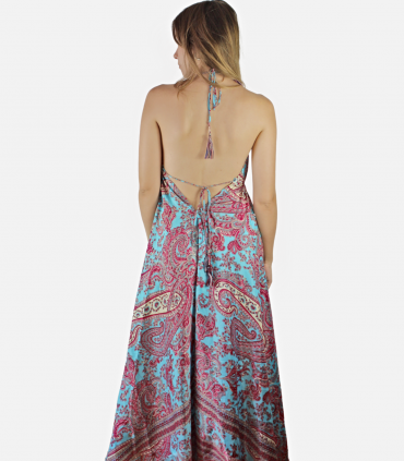 Vestido boho azul y rosa