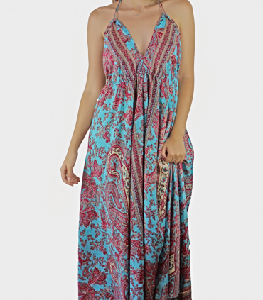 Vestido boho azul y rosa