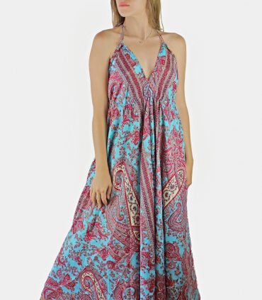Vestido boho azul y rosa